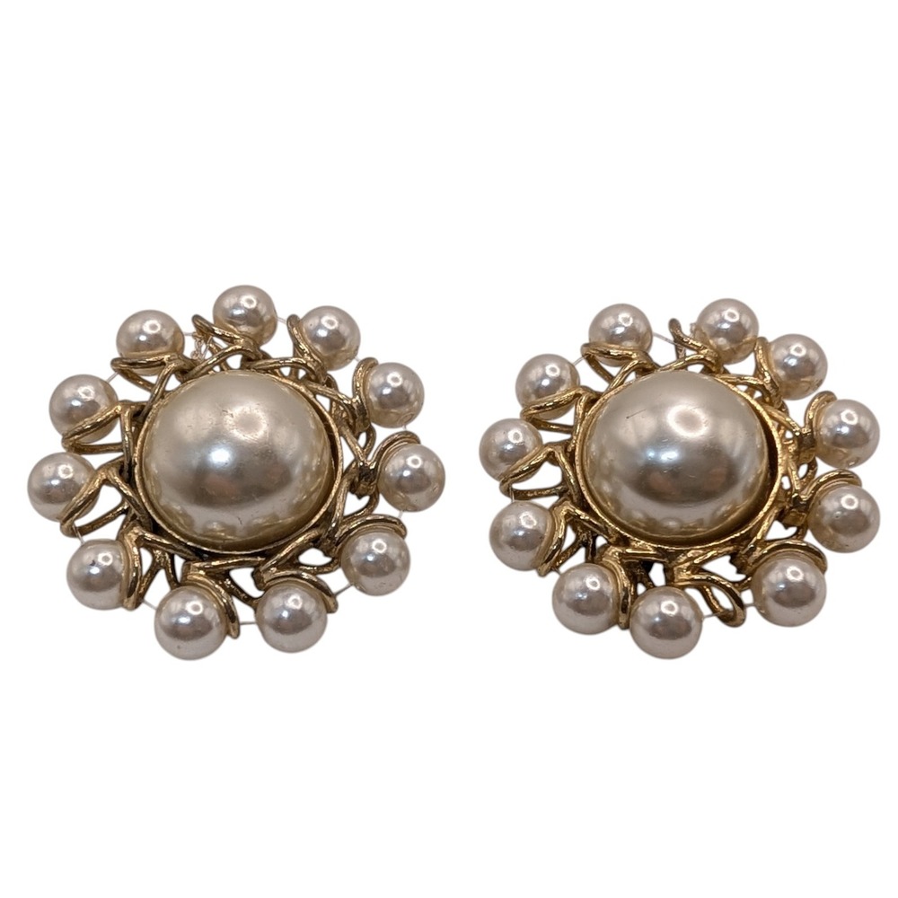 Vintage Cluster Earrings Faux Pearls Statement Piece Mid Century Clip On Japan
